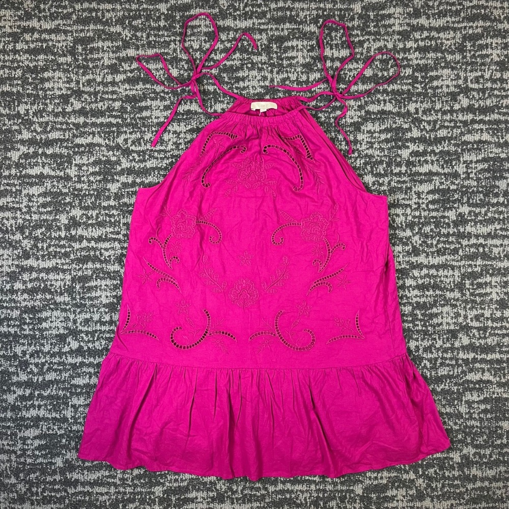 Loft Halter Top Womens XXL Pink Floral Embroidered Eyelet Linen Blend Peplum NWT